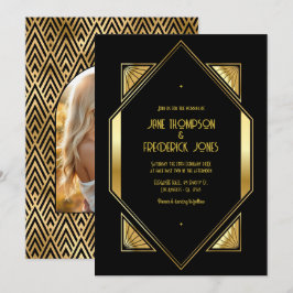 Black and Gold Art Deco Gold Wedding Photo Einladung