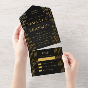 Black and Gold Art Deco Hochzeit All In One Einladung
