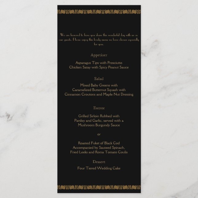 Black and Gold Art Deco Peacock Hochzeitsmenü Menükarte (Vorderseite)