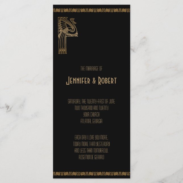 Black and Gold Art Deco Pfau Hochzeitsprogramm Programm (Vorderseite)