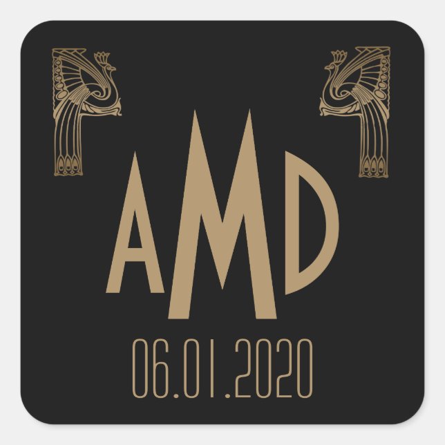 Black and Gold Art Deco Pfau Monogram Sticker (Vorderseite)