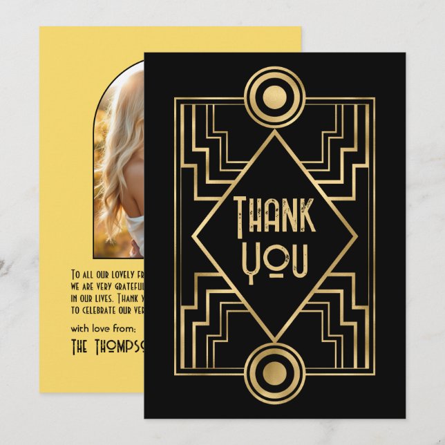 Black and Gold Art Deco Photo Dankeskarte (Vorne/Hinten)