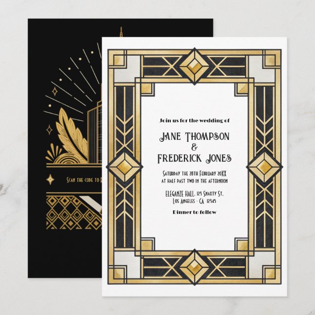 Black and Gold Art Deco QR Code RSVP Wedding Einladung (Vorne/Hinten)