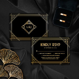 Black and Gold Art Deco Wedding Monogram RSVP Card Dankeskarte