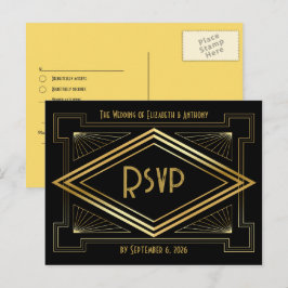Black and Gold Art Deco Wedding RSVP QR Code Postkarte