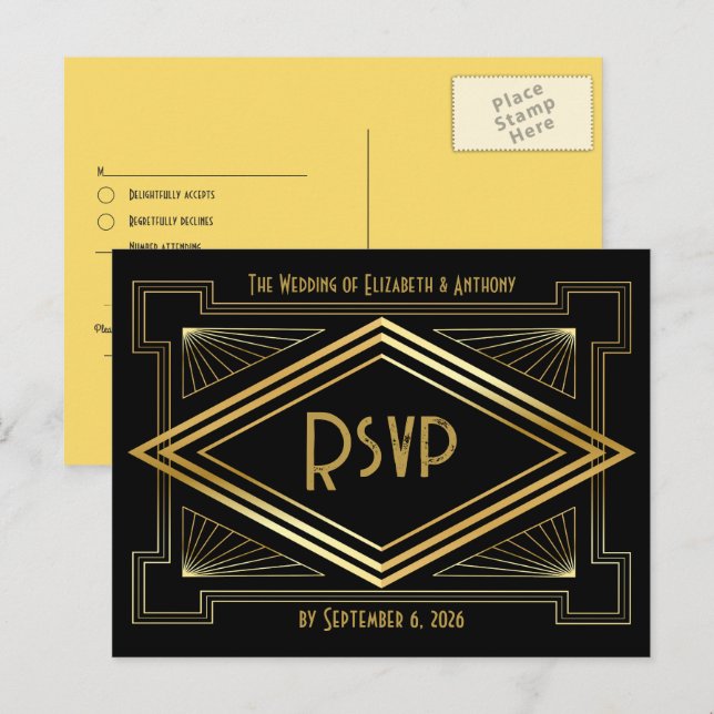 Black and Gold Art Deco Wedding RSVP QR Code Postkarte (Vorne/Hinten)