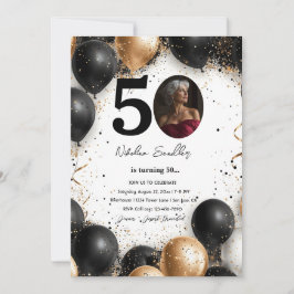 Black and Gold Ballons 50 Geburtstagsparty Einladung
