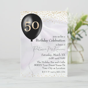 Black and Gold Balloon White Satin 50. Geburtstag Einladung