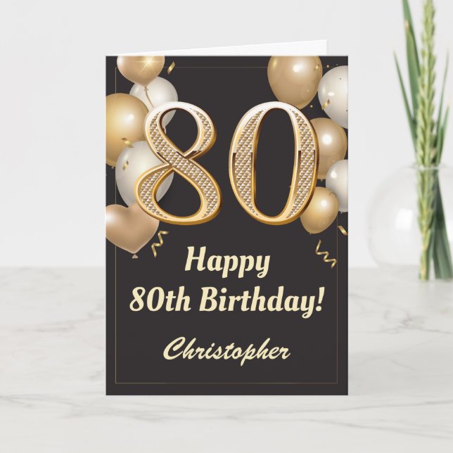 Black and Gold Balloons Confetti zum 80. Geburtsta Karte (Vorderseite)