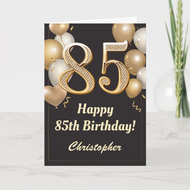 Black and Gold Balloons Confetti zum 85. Geburtsta Karte (Vorderseite)