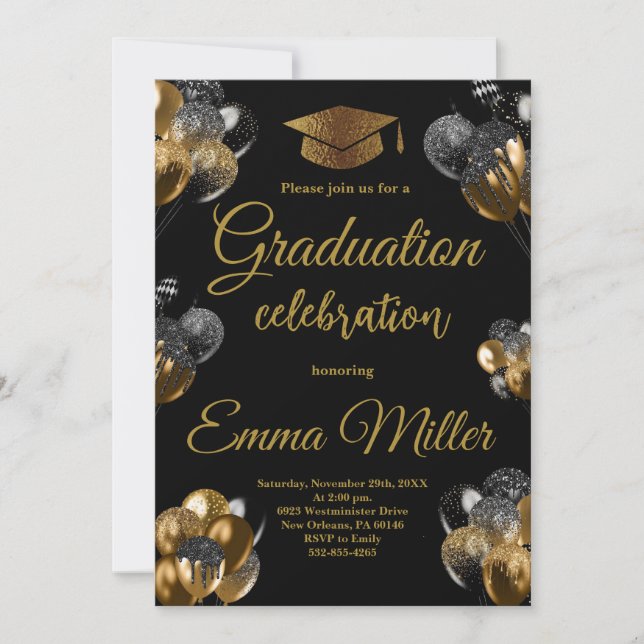 Black and Gold Balloons Graduation Party Einladung (Vorderseite)