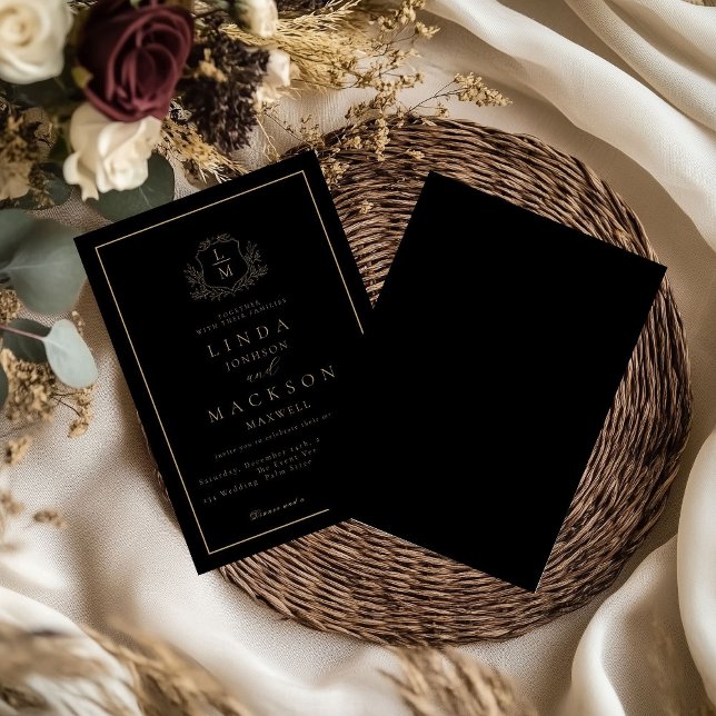 Black and gold botanical crest monogram wedding einladung (Von Creator hochgeladen)