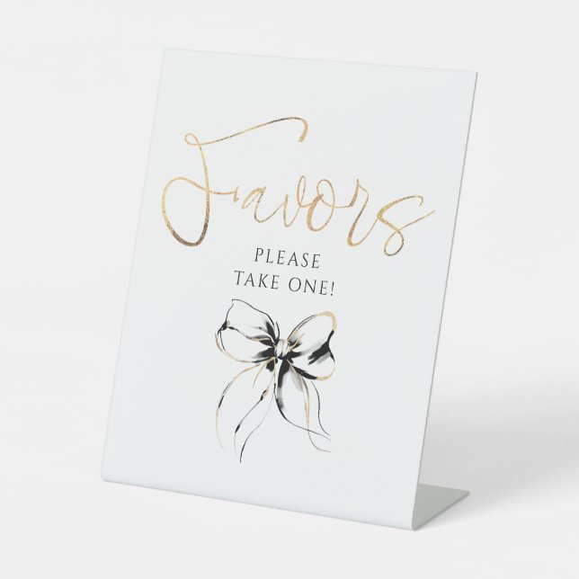 Black and Gold Bow Bridal Shower Favors Sockelschild (Vorderseite)