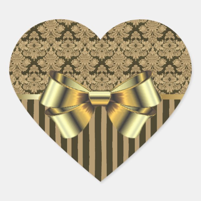 Black and Gold Brocade and Bows Herz-Aufkleber (Vorderseite)