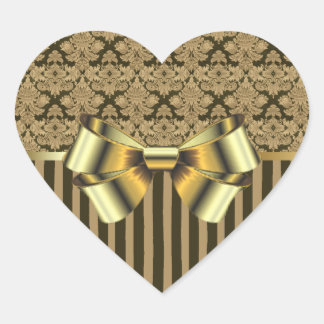 Black and Gold Brocade and Bows Herz-Aufkleber