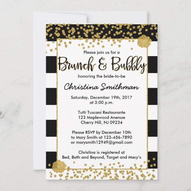 Black and Gold Brunch et Bubbly Invitations (Devant)