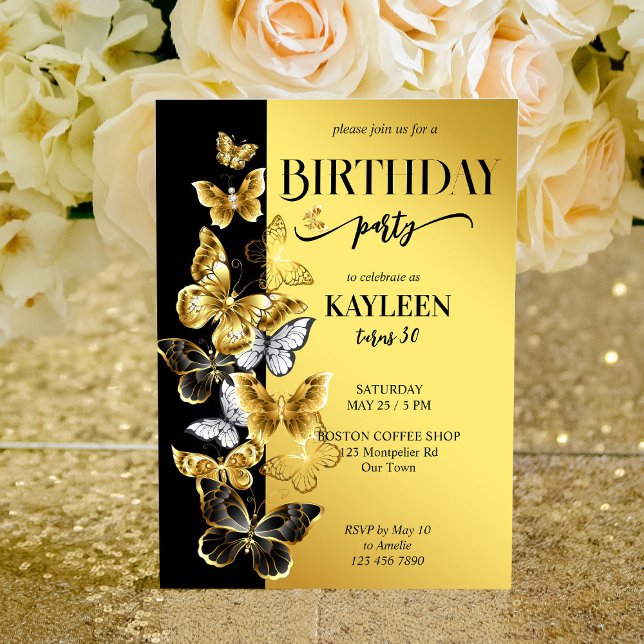 Black and Gold butterflies birthday party invite Einladung (Von Creator hochgeladen)