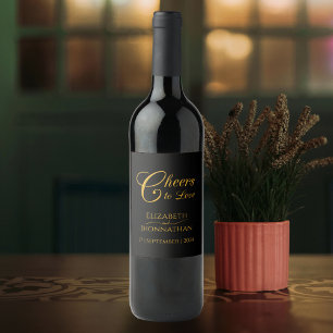 Black and Gold Calligraphy Cheers Names Wedding Weinetikett