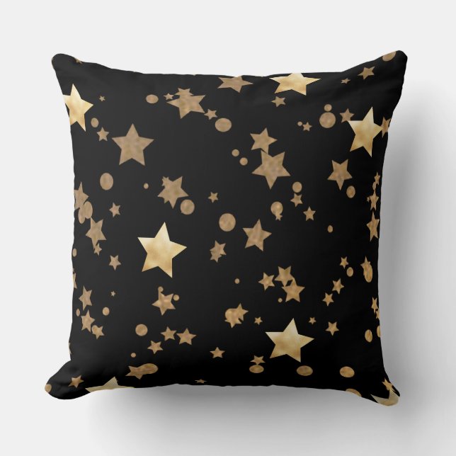 Black and Gold Celestial Stars und Polka Dots Kissen (Vorderseite)