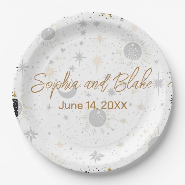 Black and Gold Celestial Wedding Pappteller (Vorderseite)