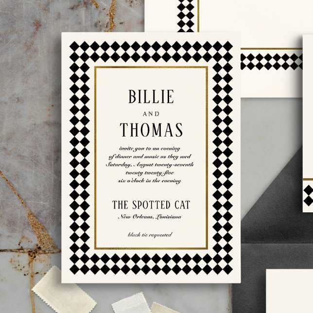 Black and Gold Checkerboard Border Jazz Wedding Postkarte (Von Creator hochgeladen)