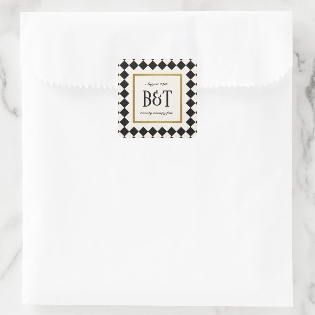 Black and Gold Checkerboard Border Wedding Quadratischer Aufkleber (Tasche)