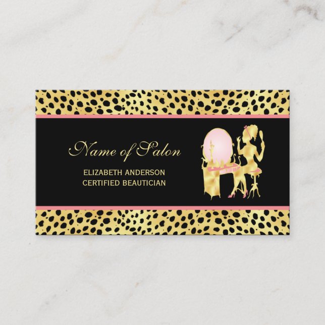 Black and Gold Cheetah Print Salon Woman Glamour Visitenkarte (Vorderseite)