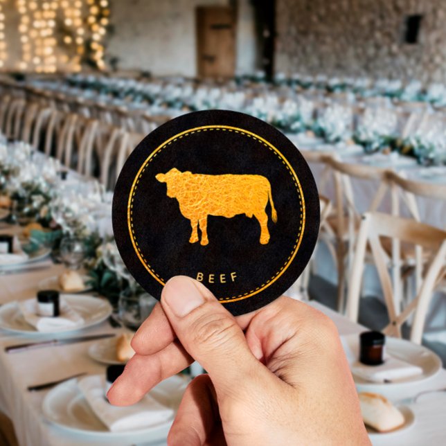 Black and Gold Chic Beef Hochzeitsnahrung Runder Aufkleber (Von Creator hochgeladen)