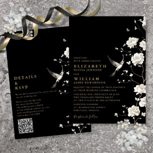 Black and Gold Chinoiserie Floral QR Code Hochzeit Einladung