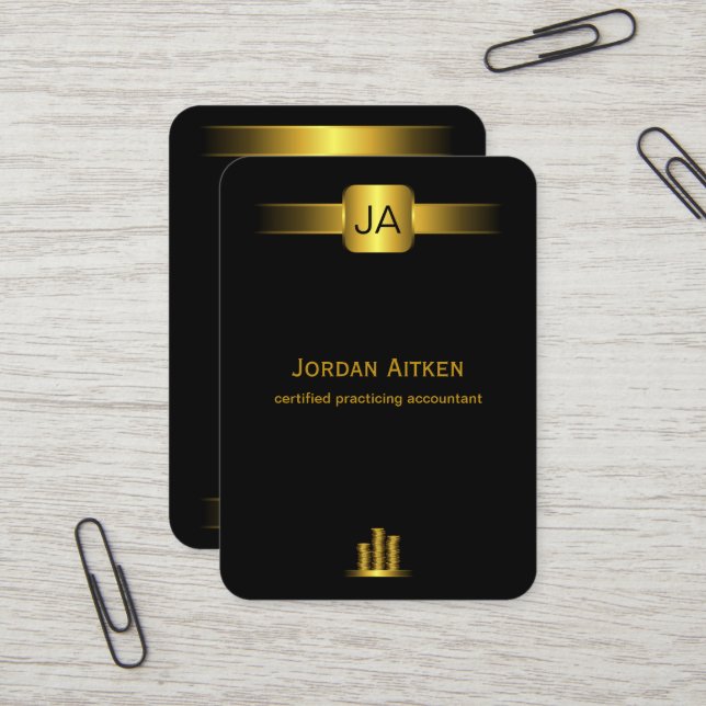 Black and Gold Coins Vertical Large CPA Accountant Visitenkarte (Vorderseite/Rückseite Beispiel)
