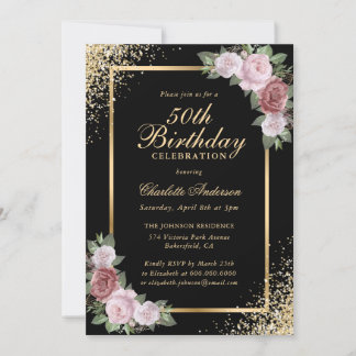Black and Gold Confetti Blush Floral 50. Geburtsta Einladung