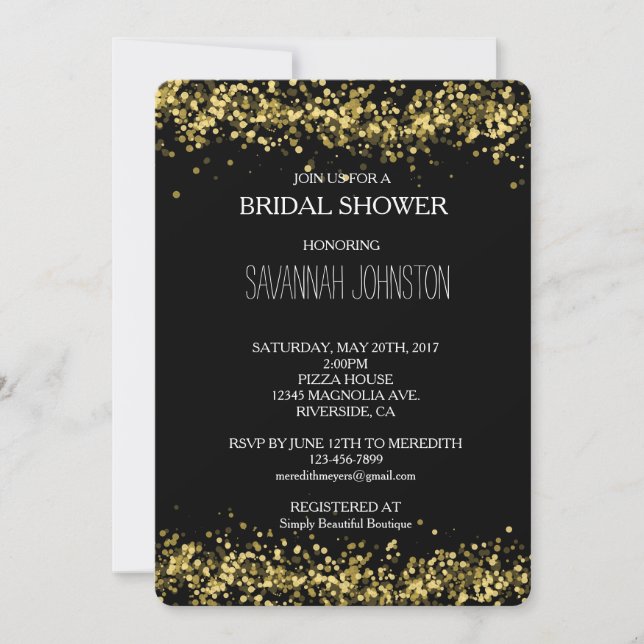 Black and Gold Confetti Brautparty Einladung (Vorderseite)
