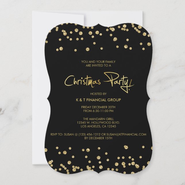 Black and Gold Confetti Company Weihnachtsfest Par Einladung (Vorderseite)