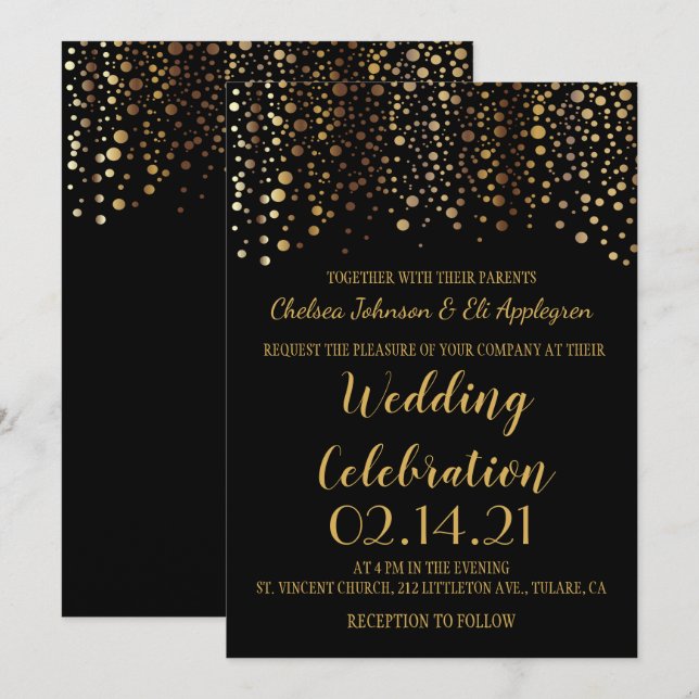Black and Gold Confetti Dots Einladung (Vorne/Hinten)
