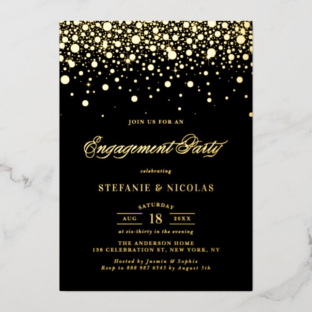 Black and Gold Confetti Dots Engagement Party Folieneinladung (Vorderseite)