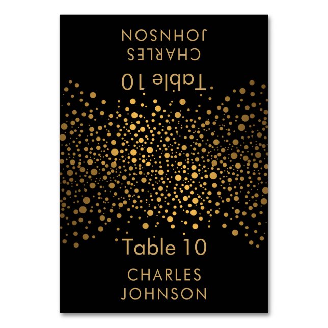 Black and Gold Confetti Dots - Platzkarten Tischnummer (Vorderseite)