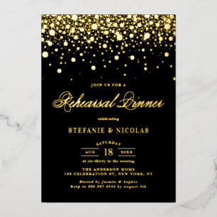 Black and Gold Confetti Dots Probe Dinner Folieneinladung