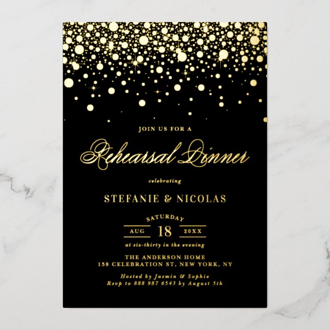 Black and Gold Confetti Dots Probe Dinner Folieneinladung (Vorderseite)