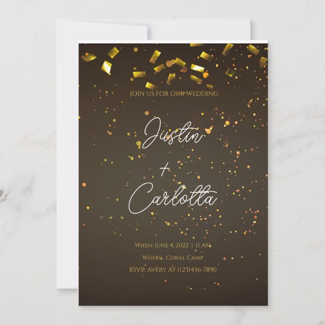 Black and Gold Confetti Einladung zur Hochzeit (Vorderseite)
