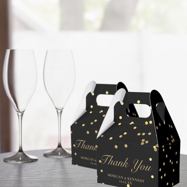 Black and Gold Confetti Elegant Vielen Dank für Ih Geschenkschachtel (Elegant black and gold favor boxes with space for your name and initials)