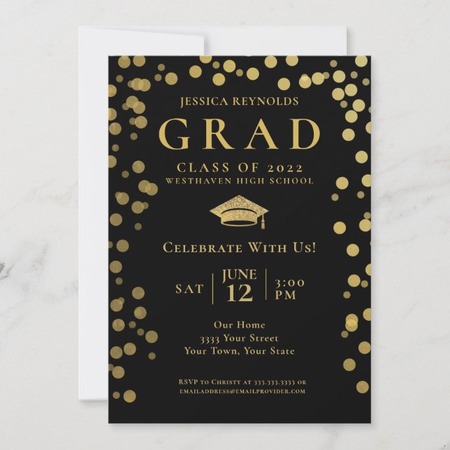 Black and Gold Confetti Foto Graduation Party Einladung (Vorderseite)