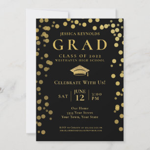 Black and Gold Confetti Foto Graduation Party  Einladung