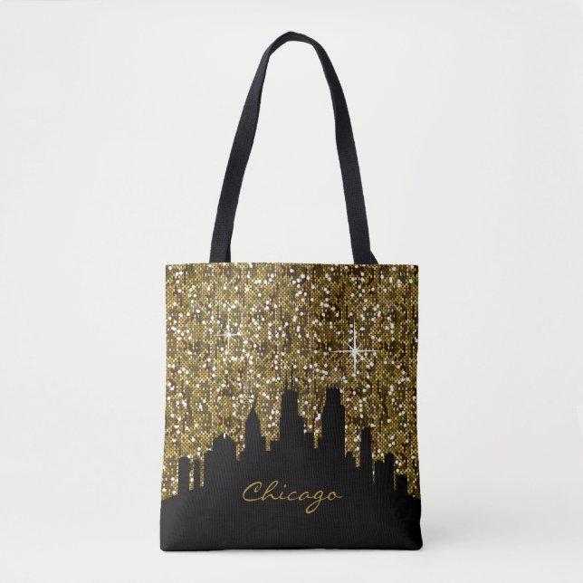 Black and Gold Confetti Glitzer Chicago Skyline Tasche (Vorderseite)