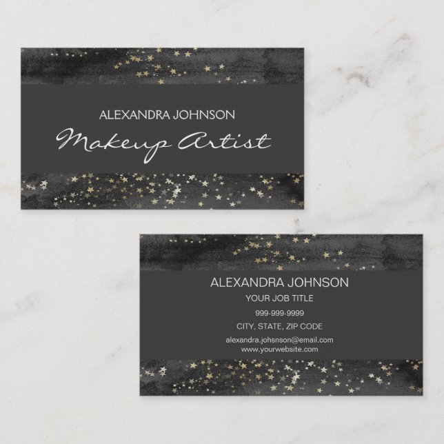 Black and Gold Confetti Stars Makeup Artist Visitenkarte (Vorne/Hinten)