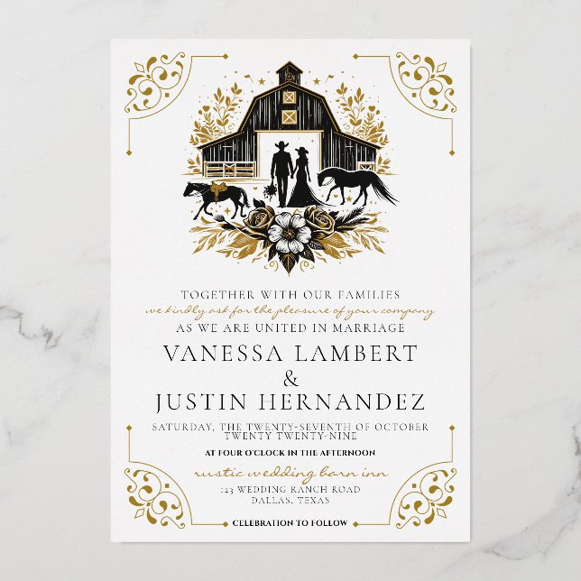 Black and Gold Country Wedding Folieneinladung (Vorderseite)
