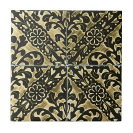 Black and Gold Damask Fliese