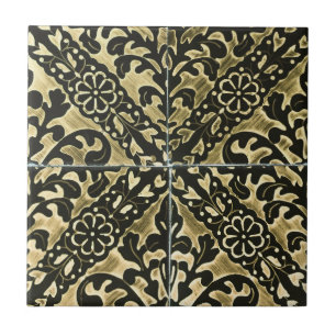 Black and Gold Damask Fliese