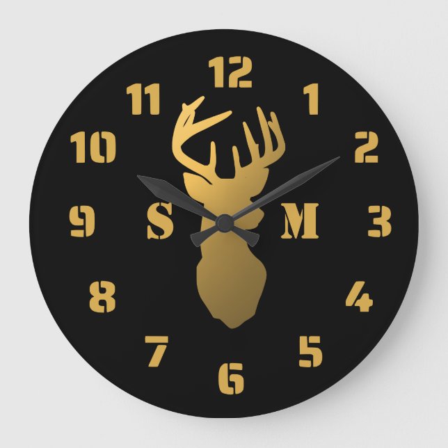Black And Gold Deer Antlers Cabin 2 Monogram Große Wanduhr (Vorderseite)