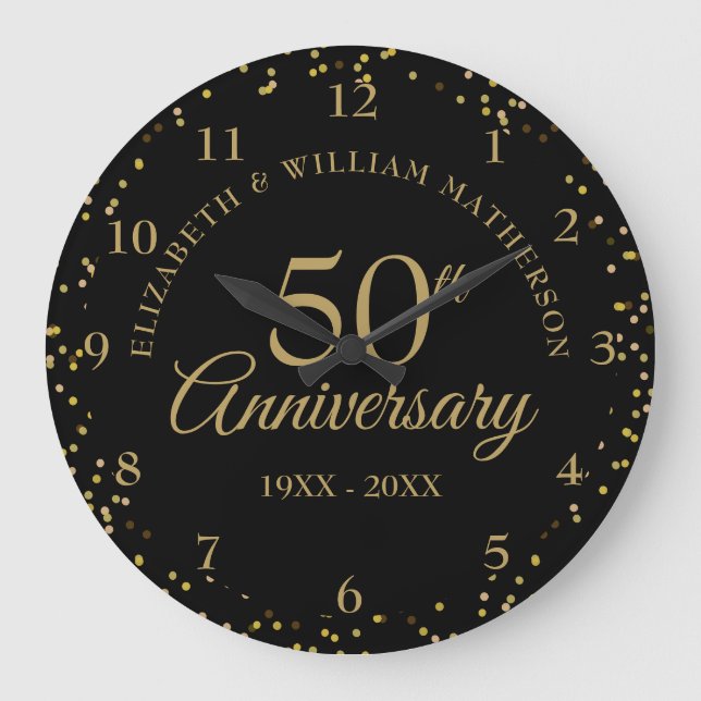 Black and Gold Dust Confetti zum 50. Jubiläum  Große Wanduhr (Vorderseite)