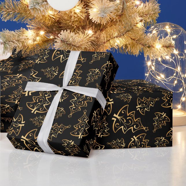 Black and Gold Elegant Christmas Trees Geschenkpapier (Feiertage)